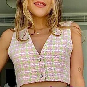 ZARA Tweed Crop Top Pink & Green Vest Jewel Buttons Size S • BLOGGER FAVORITE •